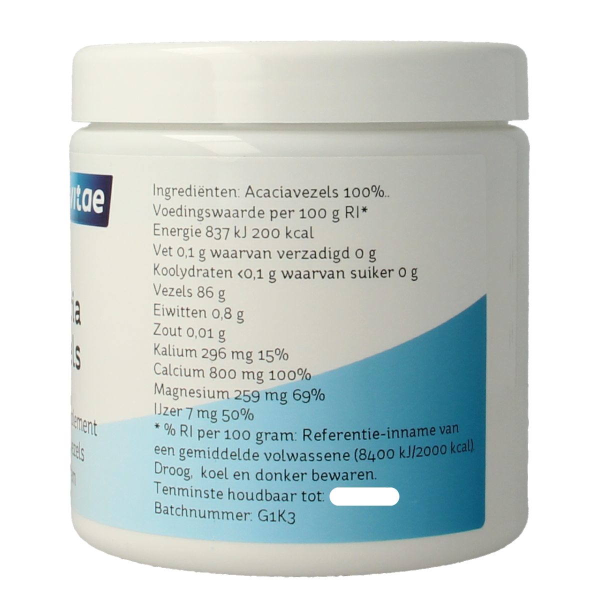 Nova Vitae Acacia vezels, 300g, herbal supplement in a clear container with label showing product details.