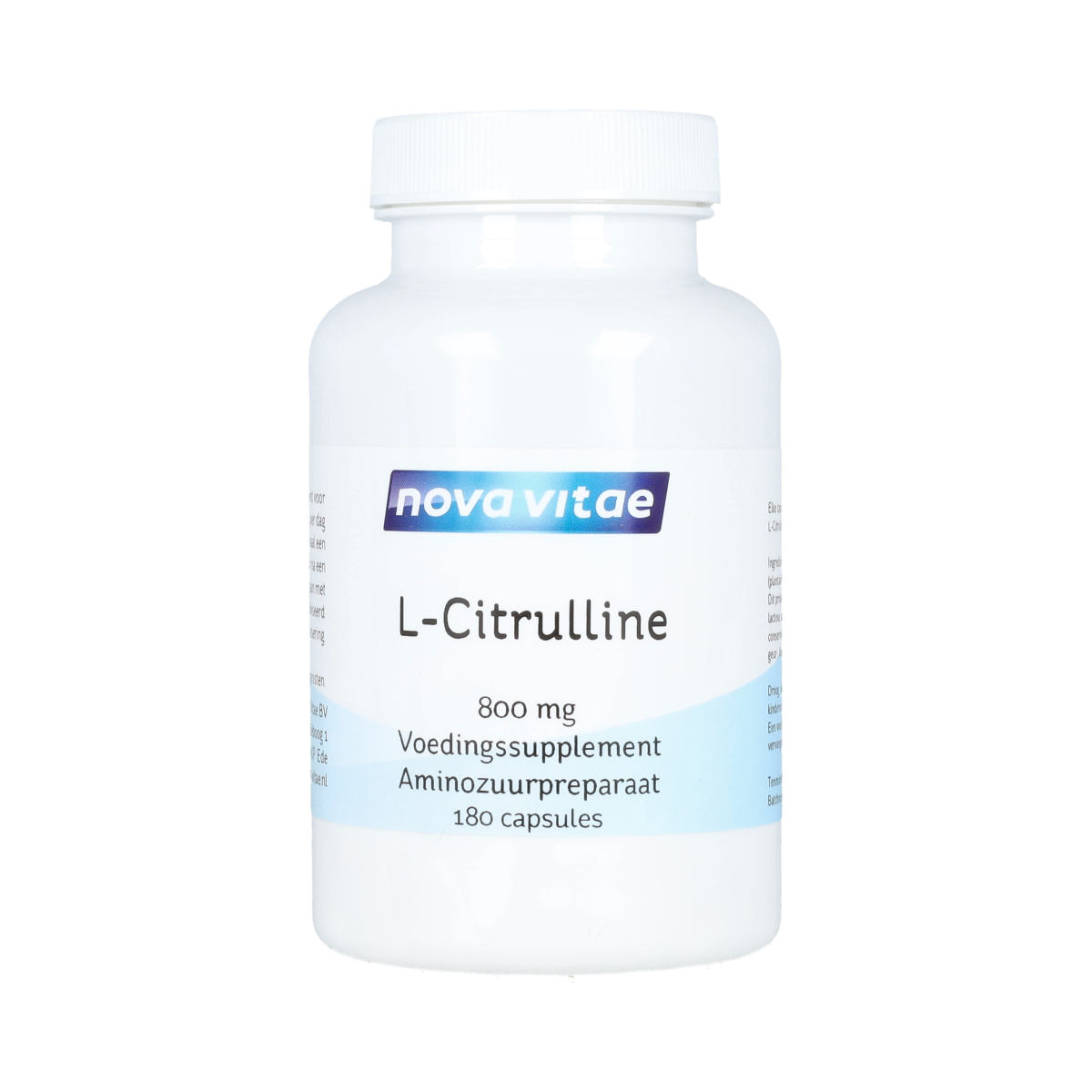 Container of Nova Vitae L-Citrulline 800mg amino acid capsules with label showing 180 capsules.