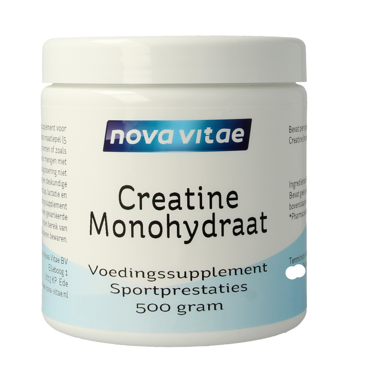 Nova Vitae Creatine Monohydrate 500g container, showing the label with product details and brand name.