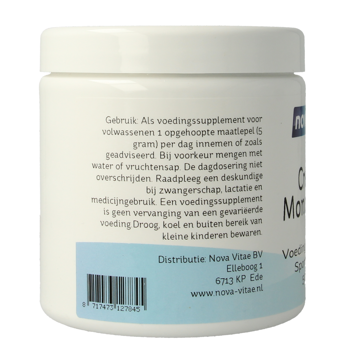 Nova Vitae Creatine Monohydrate 500g container, amino acids supplement with the product label and brand name visible.