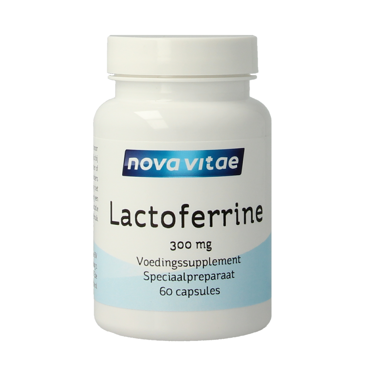 Nova Vitae Lactoferrine 300 mg capsules, LPS free, 60-count, mineral supplement with white capsules shown in the image.