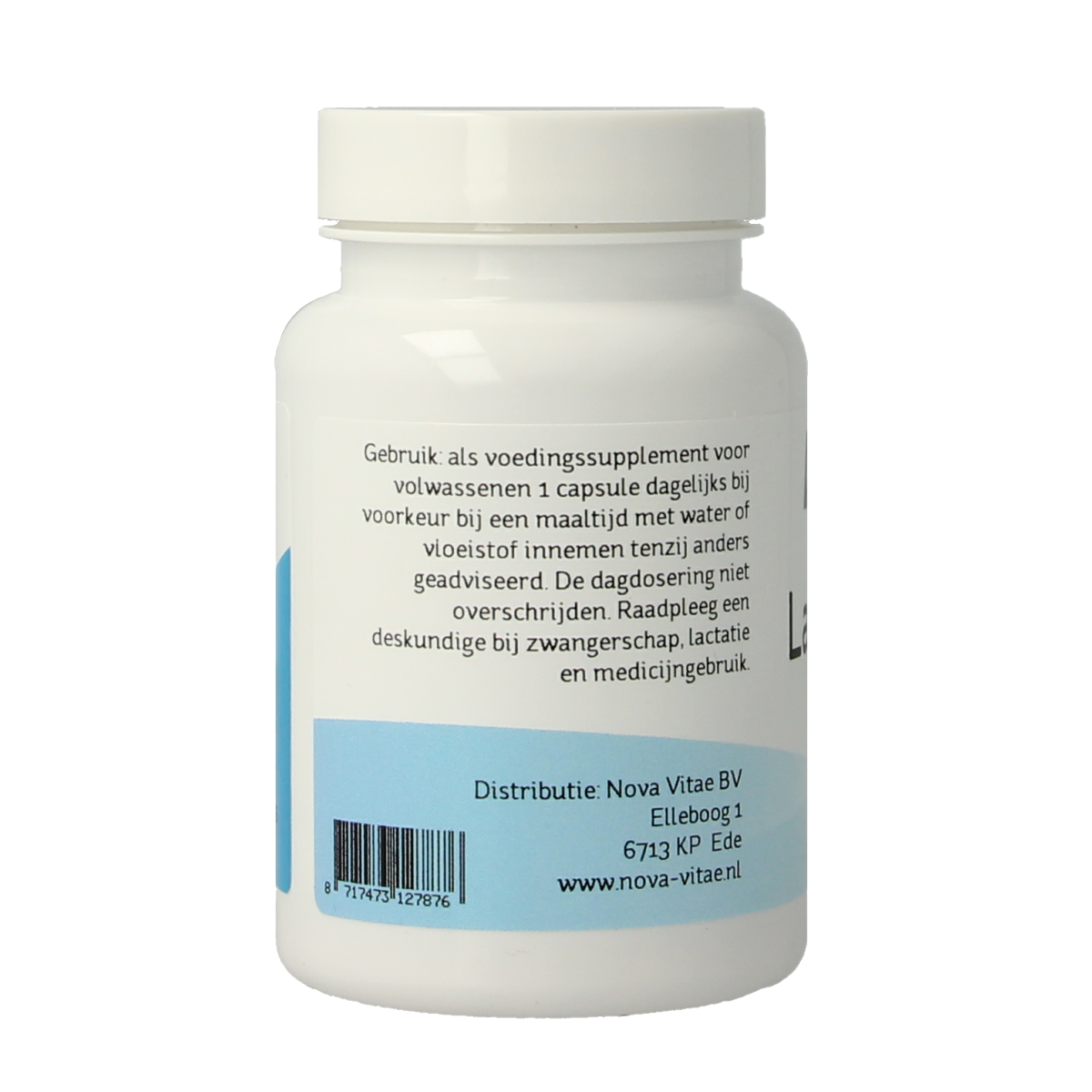 Nova Vitae Lactoferrine 300 mg capsules, LPS free, in a white bottle with 60 capsules visible on the label.