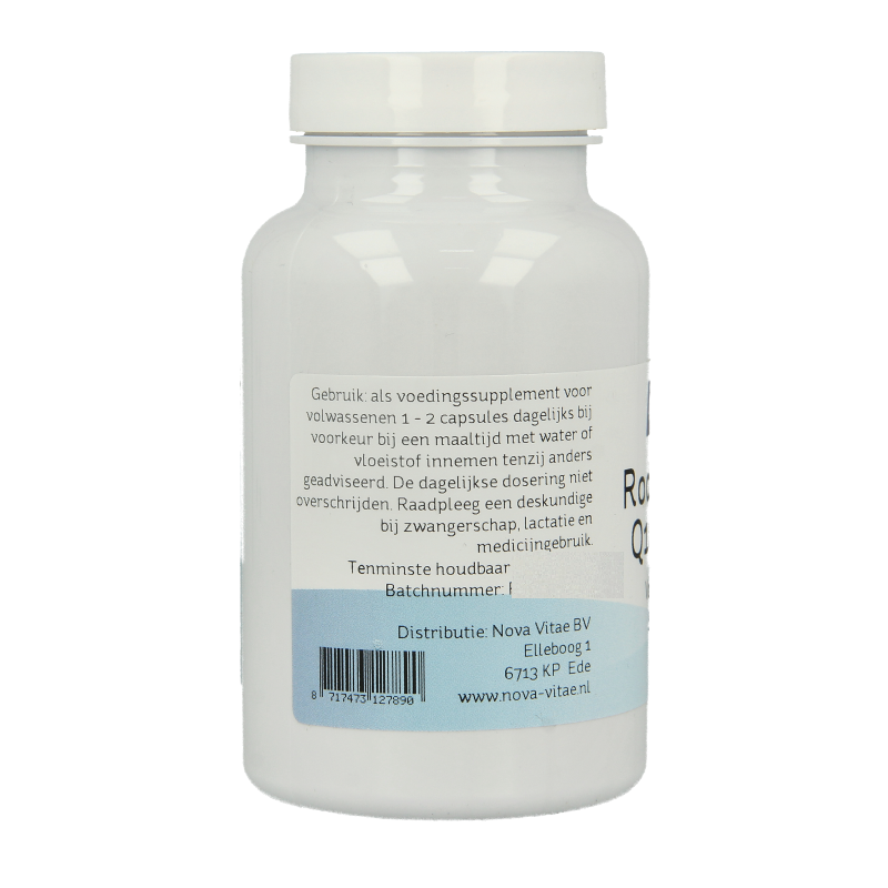 Nova Vitae Rode gist rijst with Q10 and garlic vegetarian capsules, mineral multivitamin supplement in a clear container.
