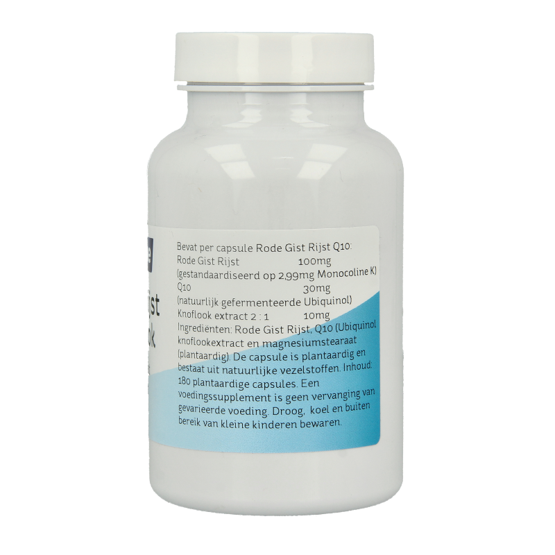 Nova Vitae Rode gist rijst capsules with Q10 and garlic, vegetarian mineral supplement in a capsule bottle.