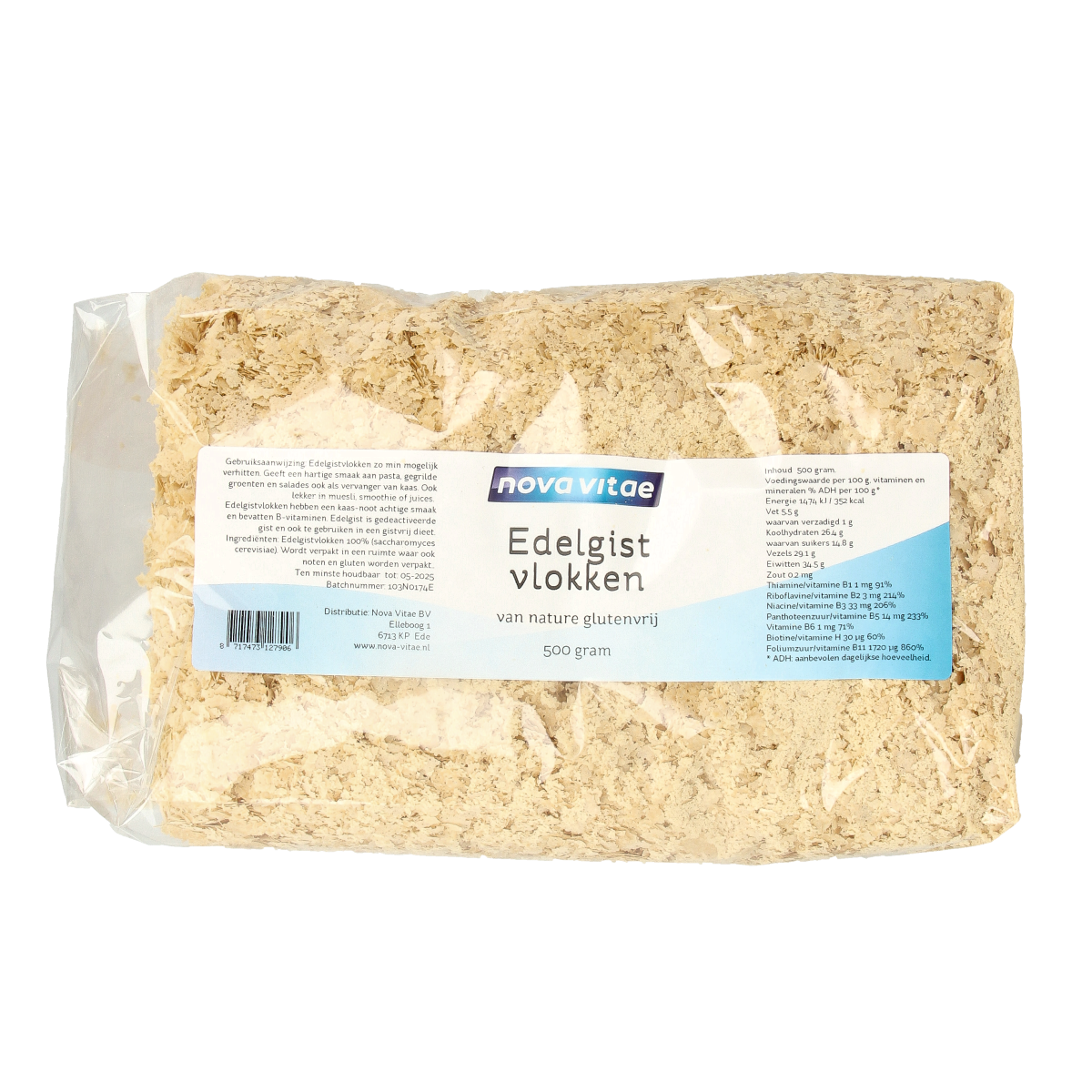 Gluten-free Nova Vitae Edelgistvlokken in 500g package, a nutritious ingredient for baking and cooking.