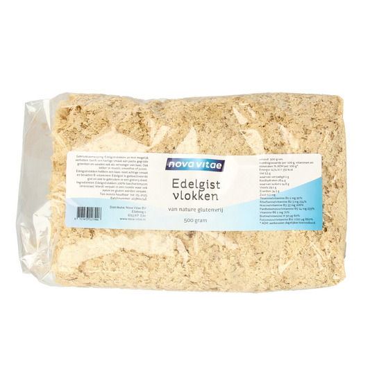 Gluten-free Nova Vitae Edelgistvlokken in 500g package, a nutritious ingredient for baking and cooking.