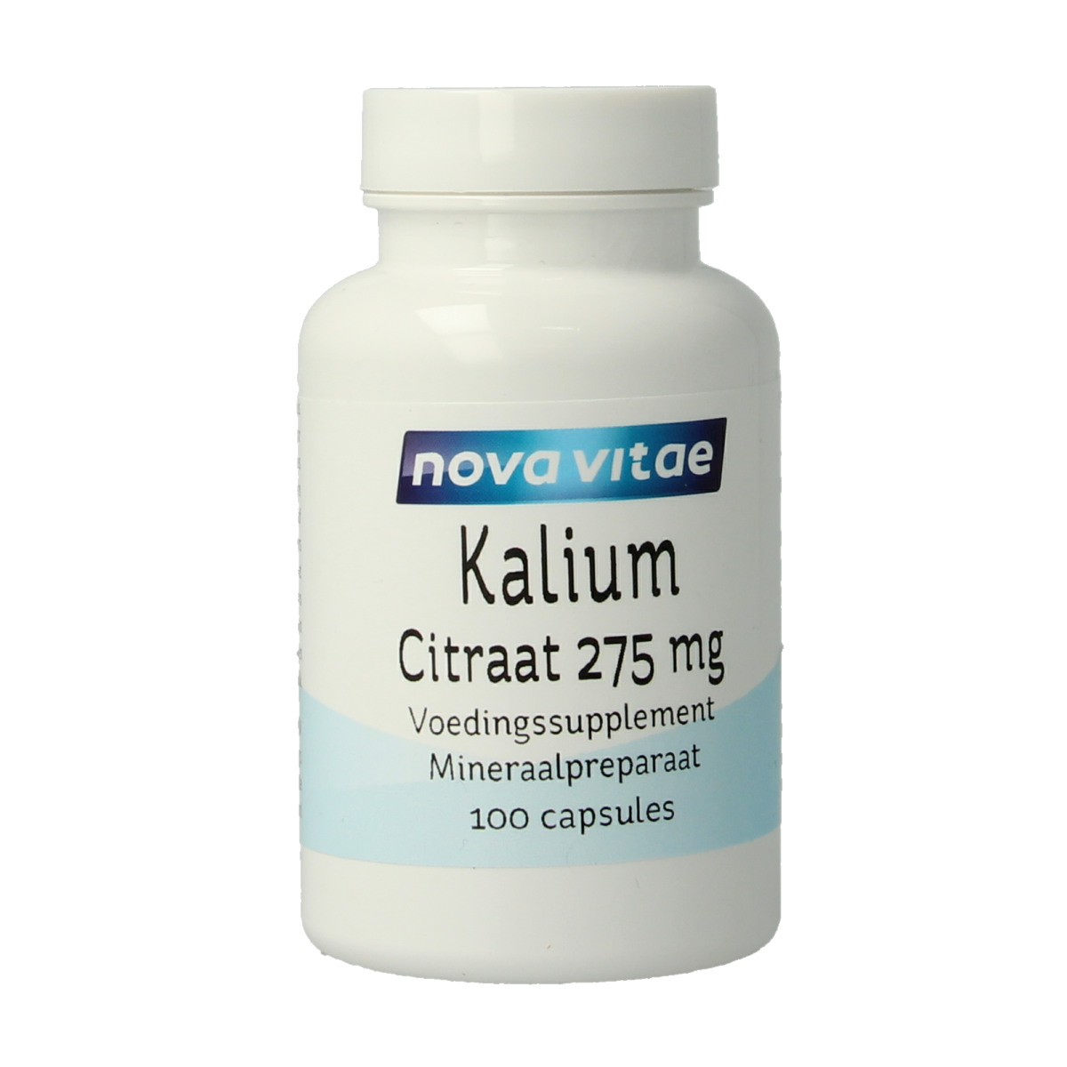 Nova Vitae Kalium citraat 275mg mineral capsules, showing a close-up of the bottle and capsules on a white background.