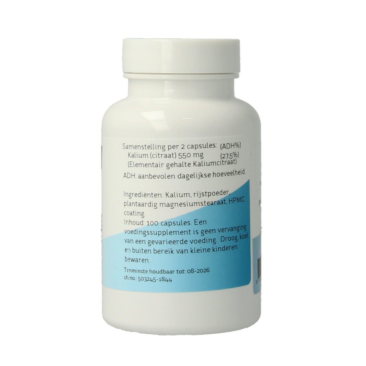 Nova Vitae Kalium Citraat capsules, 275mg, mineral supplement, shown in a blister pack with capsules visible.