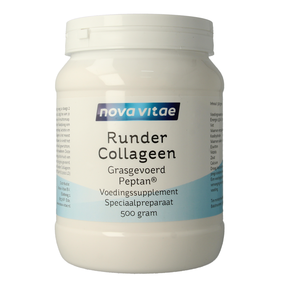 Nova Vitae Runder collageen peptan supplement in 500g, featuring grass-fed beef collagen powder.