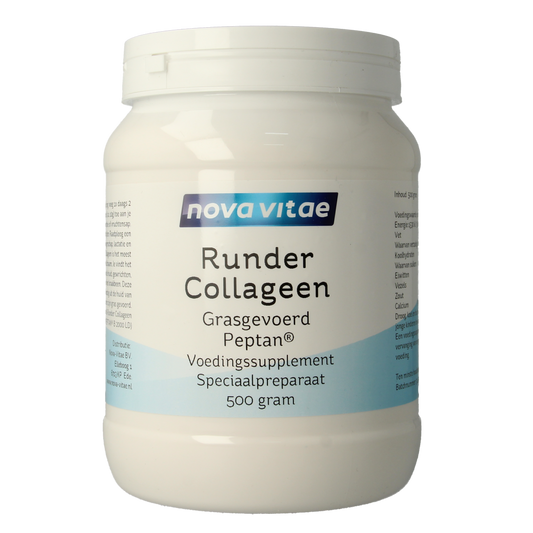 Nova Vitae Runder collageen peptan supplement in 500g, featuring grass-fed beef collagen powder.
