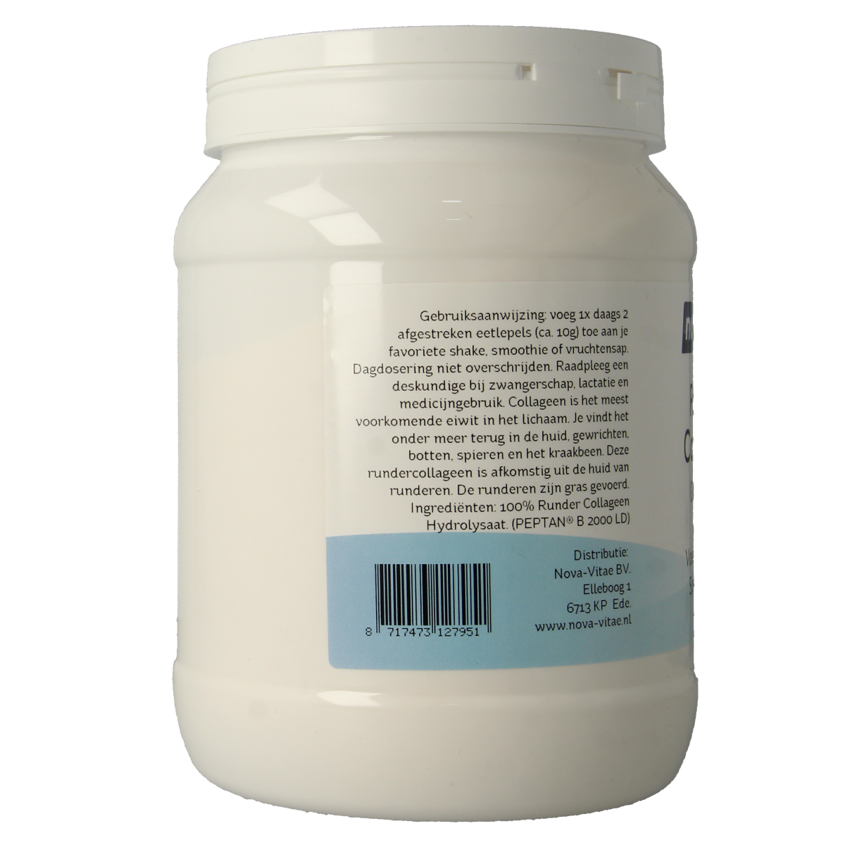 Nova Vitae Runder collageen Peptan supplement in a 500g container, featuring a natural, textured label and product packaging.
