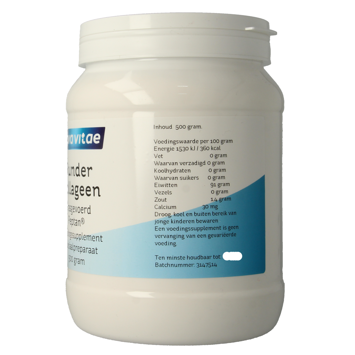 Nova Vitae Runder collageen gras gevoerd Peptan supplement in 500g package, showing collagen supplement with beef-derived ingredients.