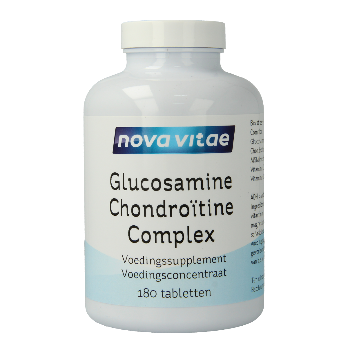 Nova Vitae Glucosamine chondroitine complex with MSM in 180 tablet bottle, dietary mineral supplement for joint health.