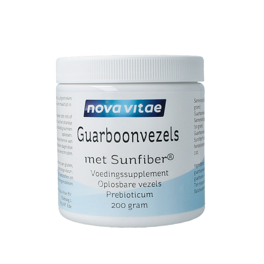 Nova Vitae Guarboonvezels Sunfiber AG herbal supplement in a 200g package, showing the product packaging and label.