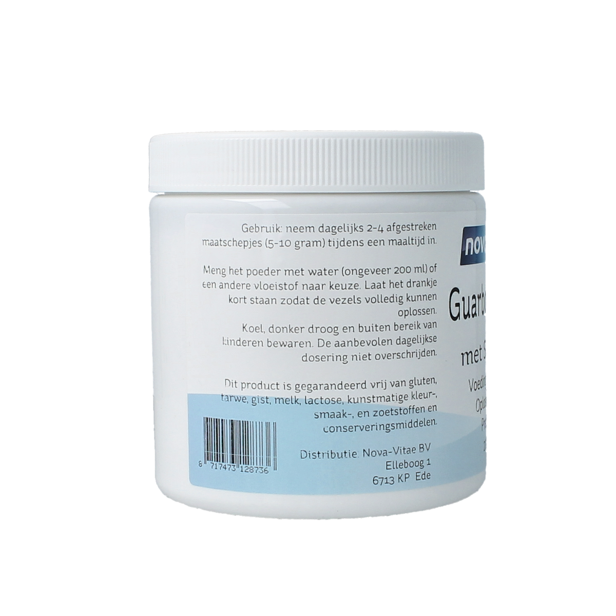 Nova Vitae Guarboonvezels Sunfiber AG, herbal supplement in 200g container, natural fiber for digestive health.