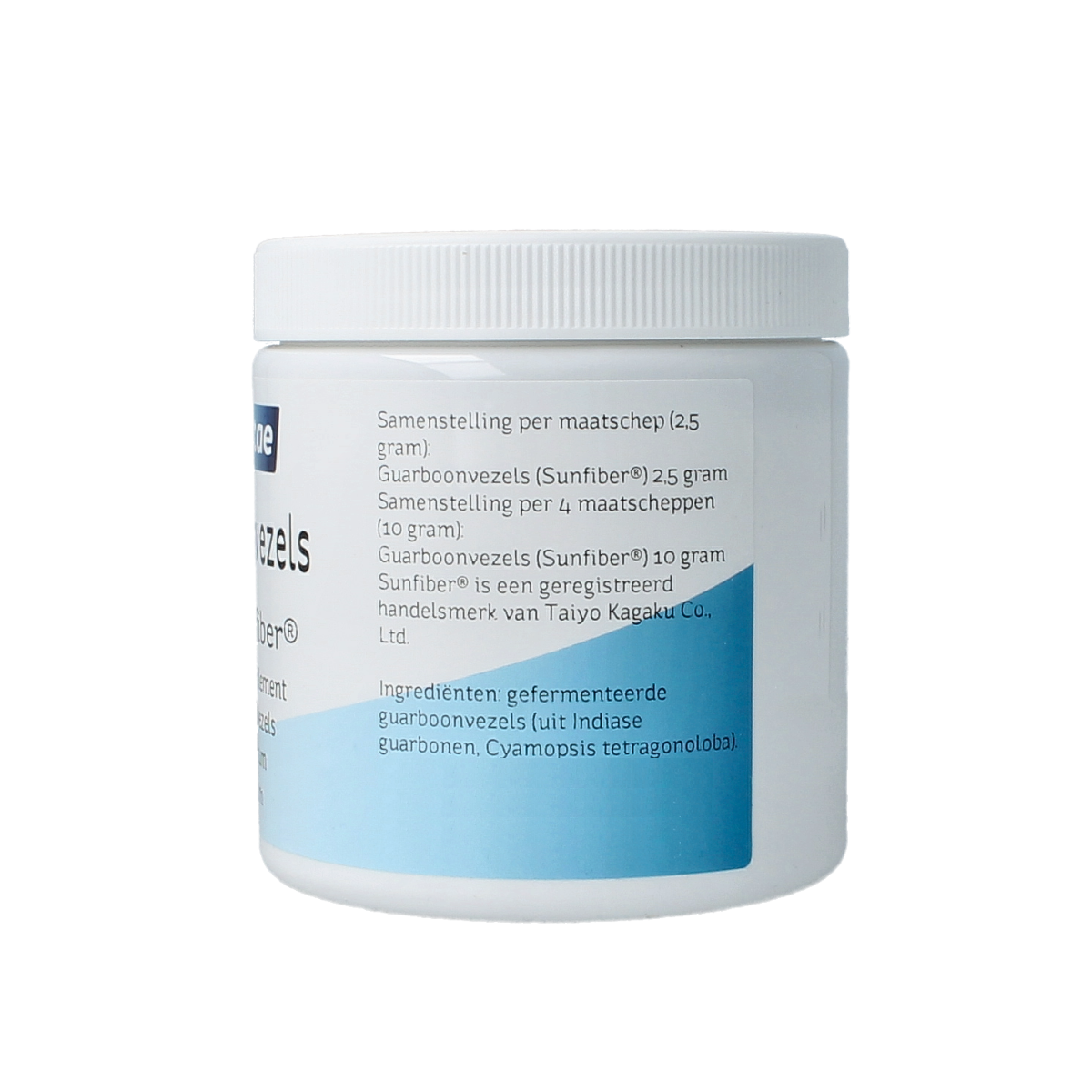 Nova Vitae Guarboonvezels Sunfiber AG herbal supplement in 200g package, shown in a natural setting with product label visible.