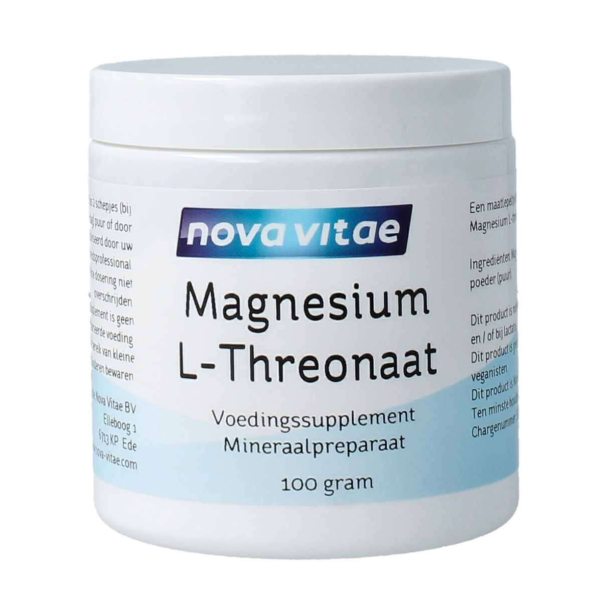 Nova Vitae Magnesium L-threonaat mineral powder in a 100g container, showing the label and product packaging.