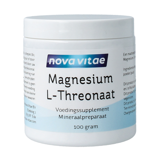 Nova Vitae Magnesium L-threonaat mineral powder in a 100g container, showing the label and product packaging.