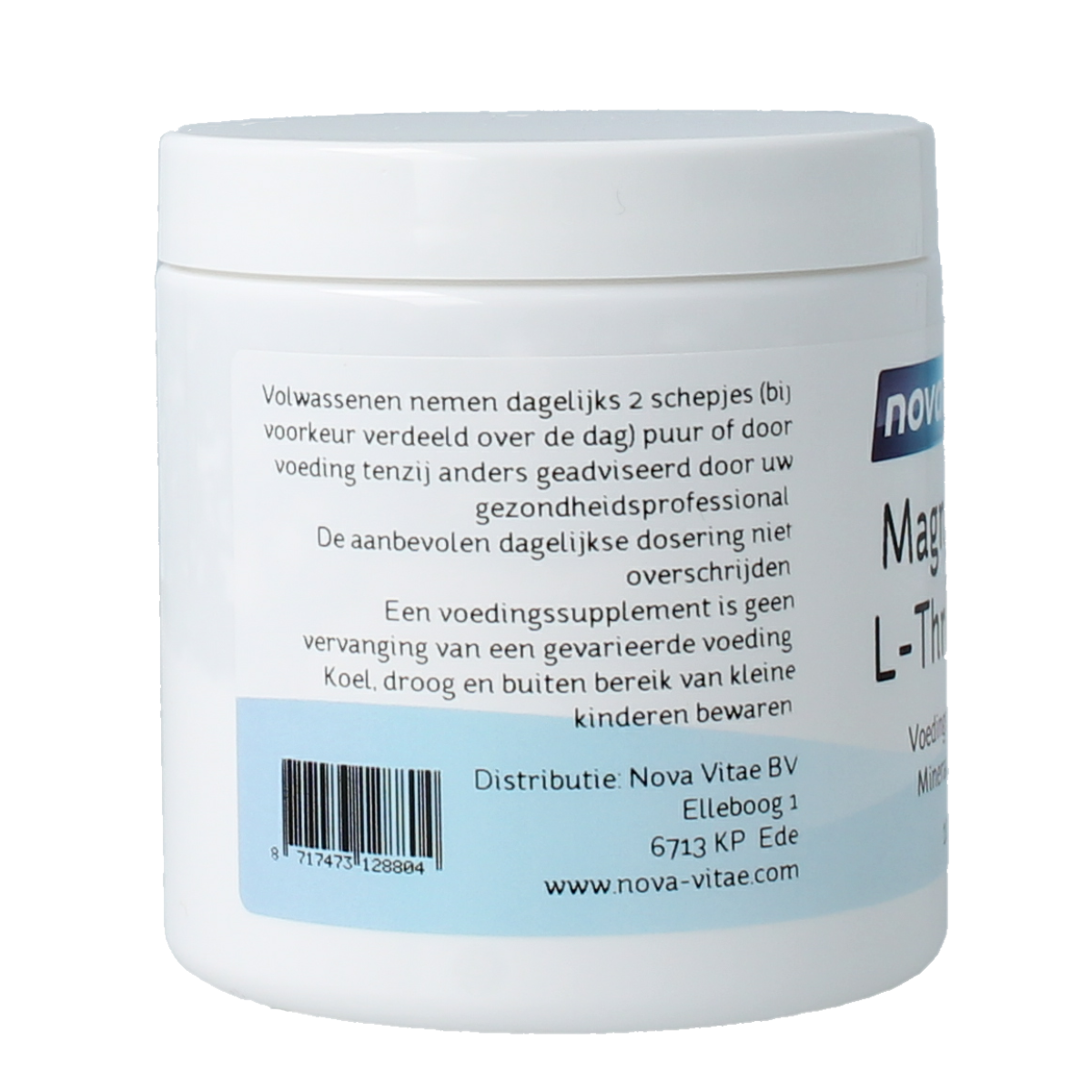 Nova Vitae Magnesium L-threonaat poeder in een transparent container, close-up van het mineraal supplement voor spier en zenuwondersteuning.
