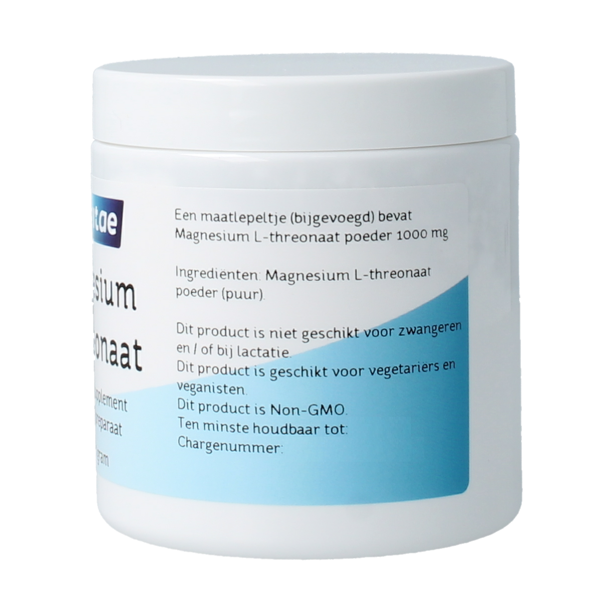 Container of Nova Vitae Magnesium L-threonaat mineral powder in a clear jar with a white label, showing the product name and brand.