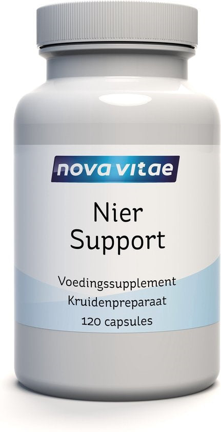 Nova Vitae Nier support herbal supplement capsules in a bottle, part of Kruidenpreparaten product line.