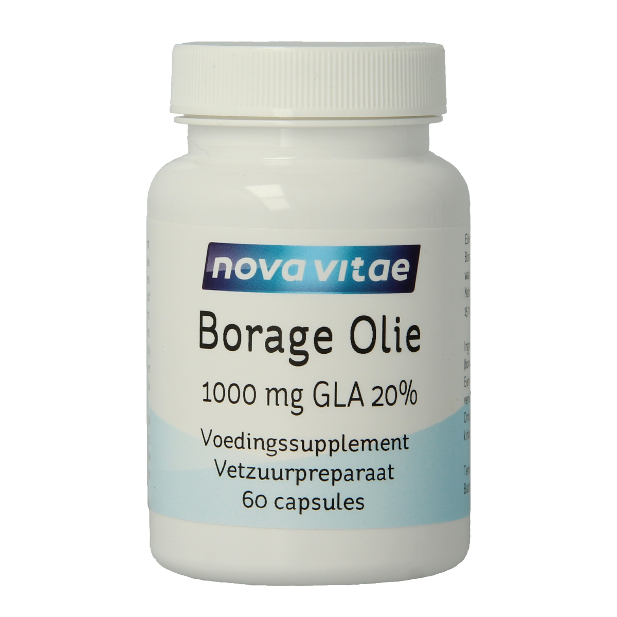 Nova Vitae Borage oil capsules with 1000mg and 20% GLA, showing the supplement bottle and capsules.