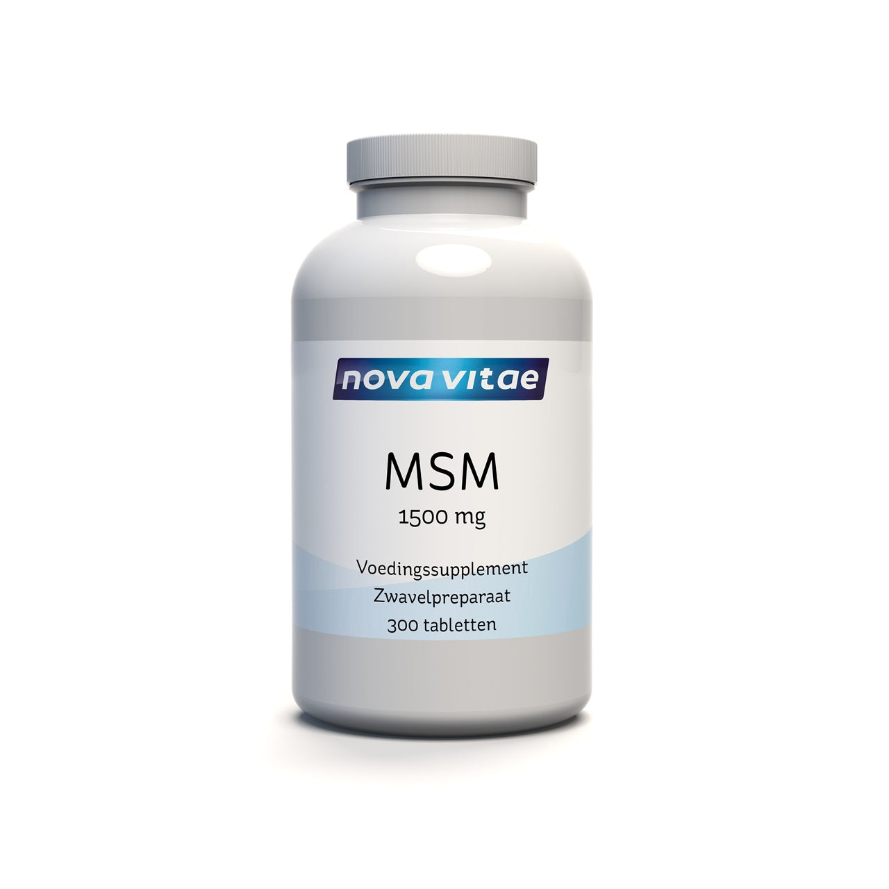 Box of Nova Vitae MSM 1500mg mineral tablets, showing 300 tablets in a natural, close-up view.