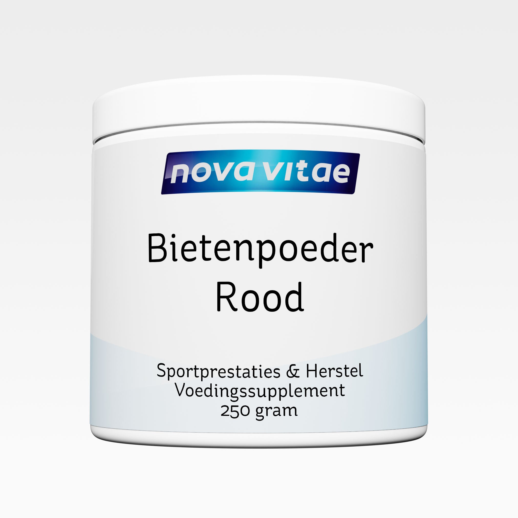Nova Vitae rode bietenpoeder in 250g container, dietary supplement and herbal preparation with vibrant red beet powder.