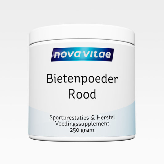 Nova Vitae rode bietenpoeder in 250g container, dietary supplement and herbal preparation with vibrant red beet powder.