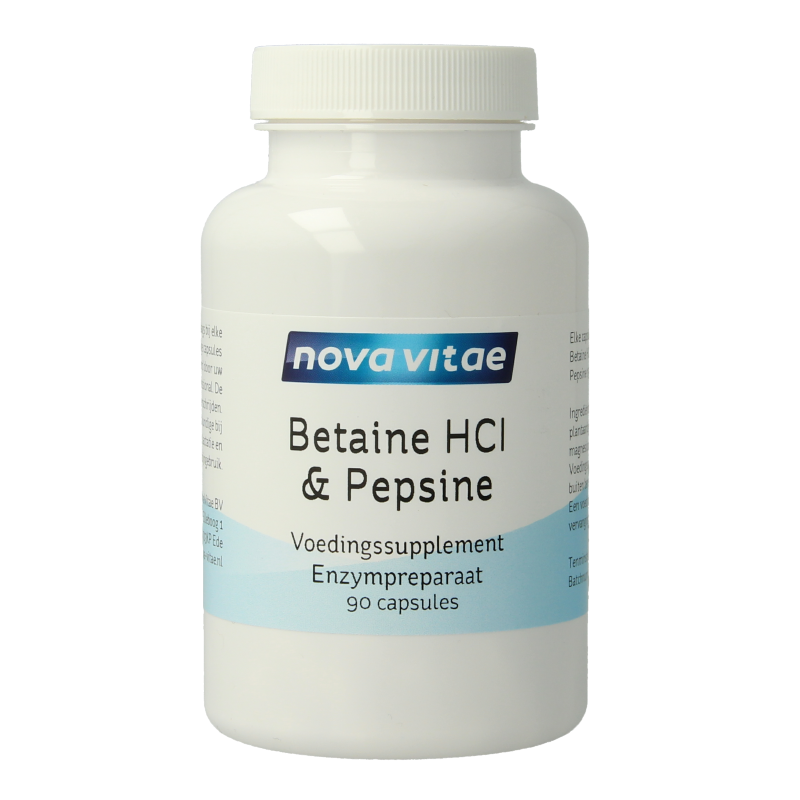 Nova Vitae Betaine HCI with pepsin capsules, dietary supplement in a white bottle with 90 capsules.