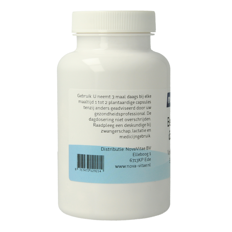 Nova Vitae Betaine HCI with pepsin capsules, dietary supplement in a jar, designed to support digestion and stomach health.