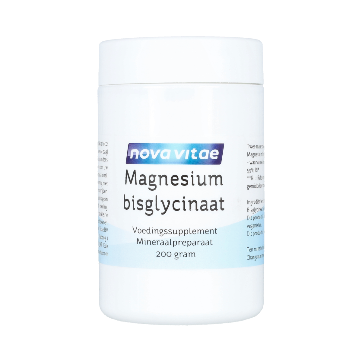 Nova Vitae Magnesium bisglycinaat powder in 200g container, natural mineral supplement with white powder appearance.
