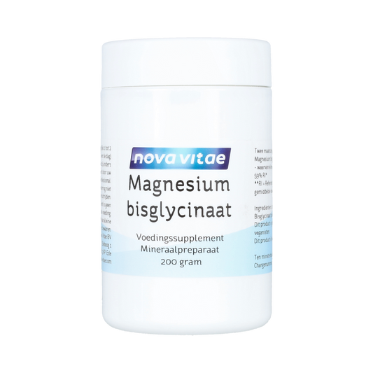 Nova Vitae Magnesium bisglycinaat powder in 200g container, natural mineral supplement with white powder appearance.