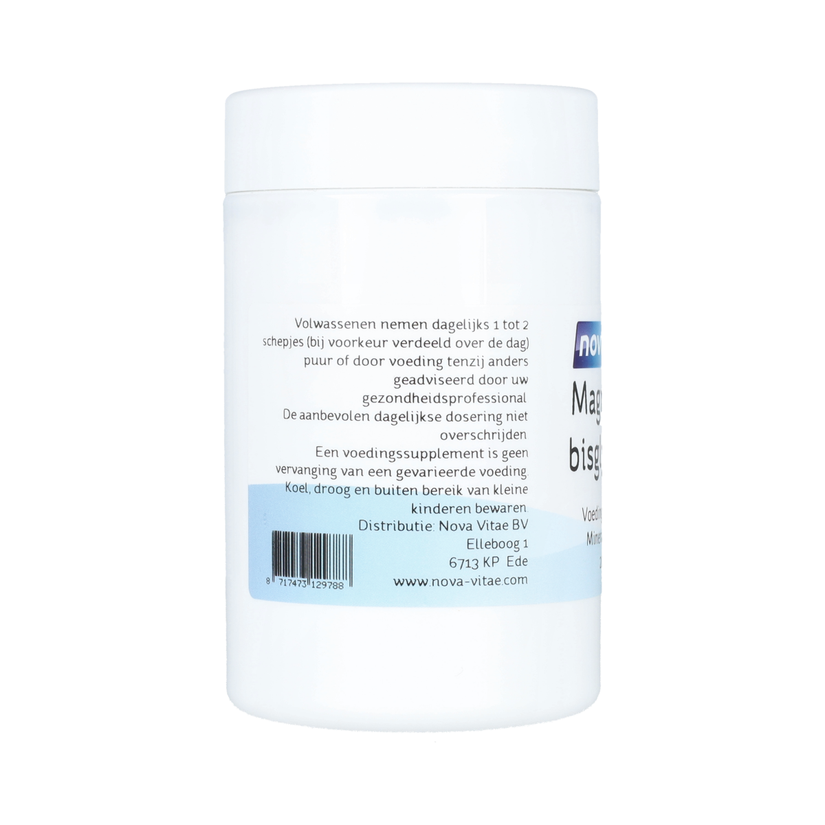 Nova Vitae Magnesium bisglycinaat mineral powder in 200g container, showing the white powder and packaging.