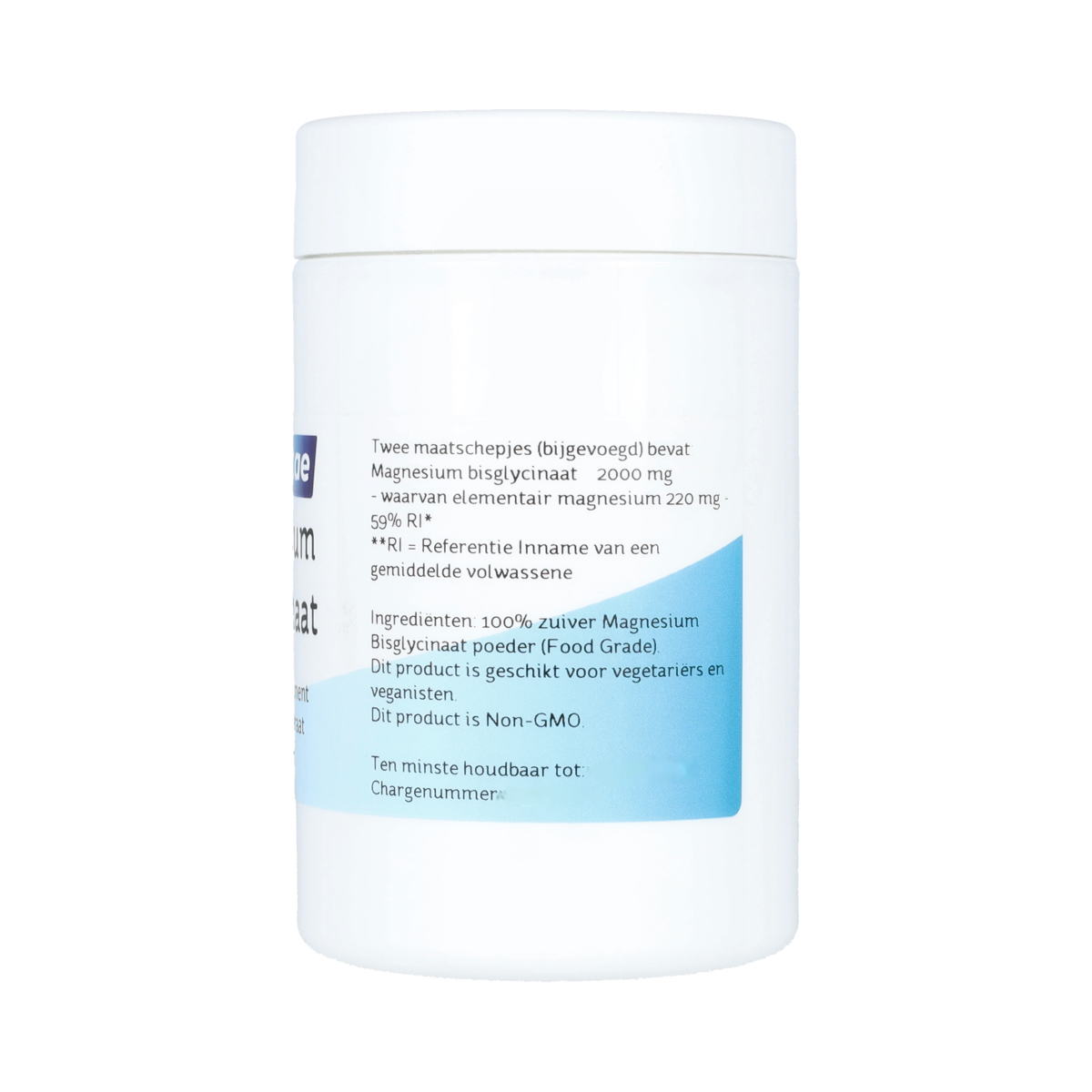 Nova Vitae Magnesium bisglycinaat mineral powder in 200g container, showing the label and product packaging.