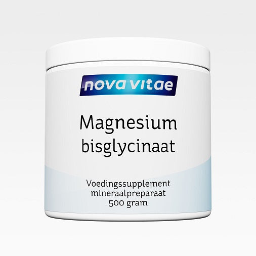 Nova Vitae Magnesium bisglycinaat mineral powder in a 500g container, shown in a clear image highlighting the product label.