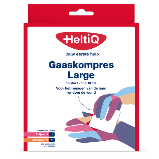 Heltiq gauze compresses, 10x10cm, pack of 10 sterile gauze pads for wound dressing and medical use.