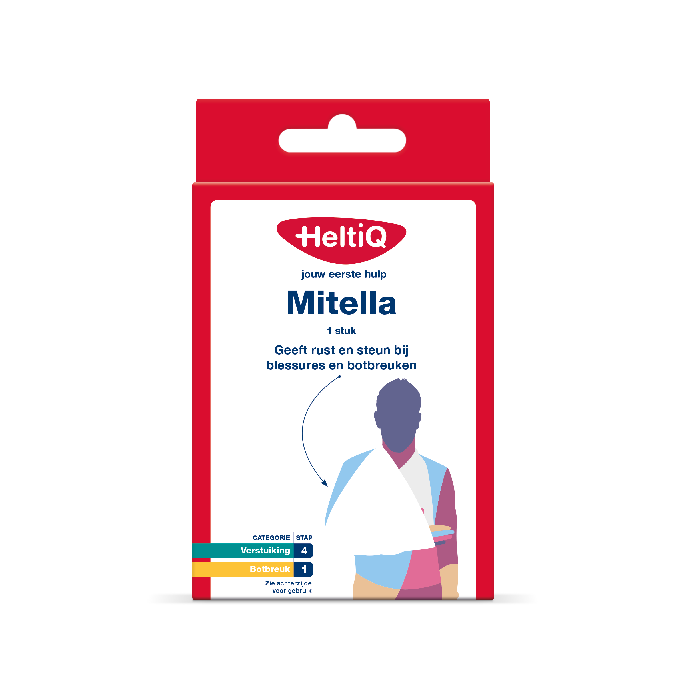 Heltiq Mitella arm sling with medical bandage and gauze for supportive arm injury treatment, in natural color.