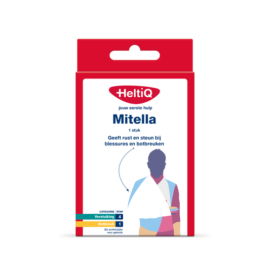 Heltiq Mitella arm sling with medical bandage and gauze for supportive arm injury treatment, in natural color.