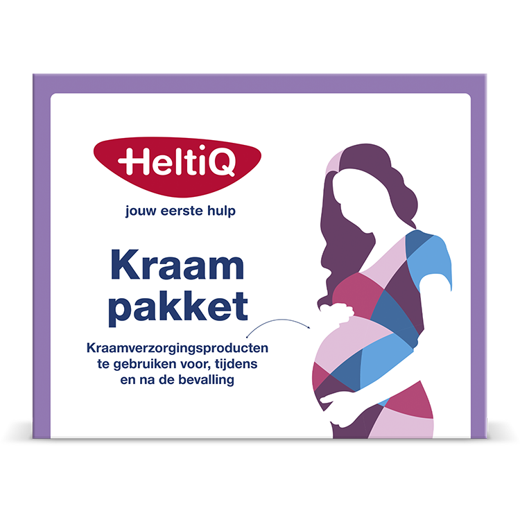 Heltiq Kraampakket in doos, maternity kit with essential items for new mothers, packaged in a box for postpartum care.