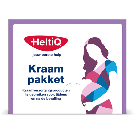 Heltiq Kraampakket in doos, maternity kit with essential items for new mothers, packaged in a box for postpartum care.