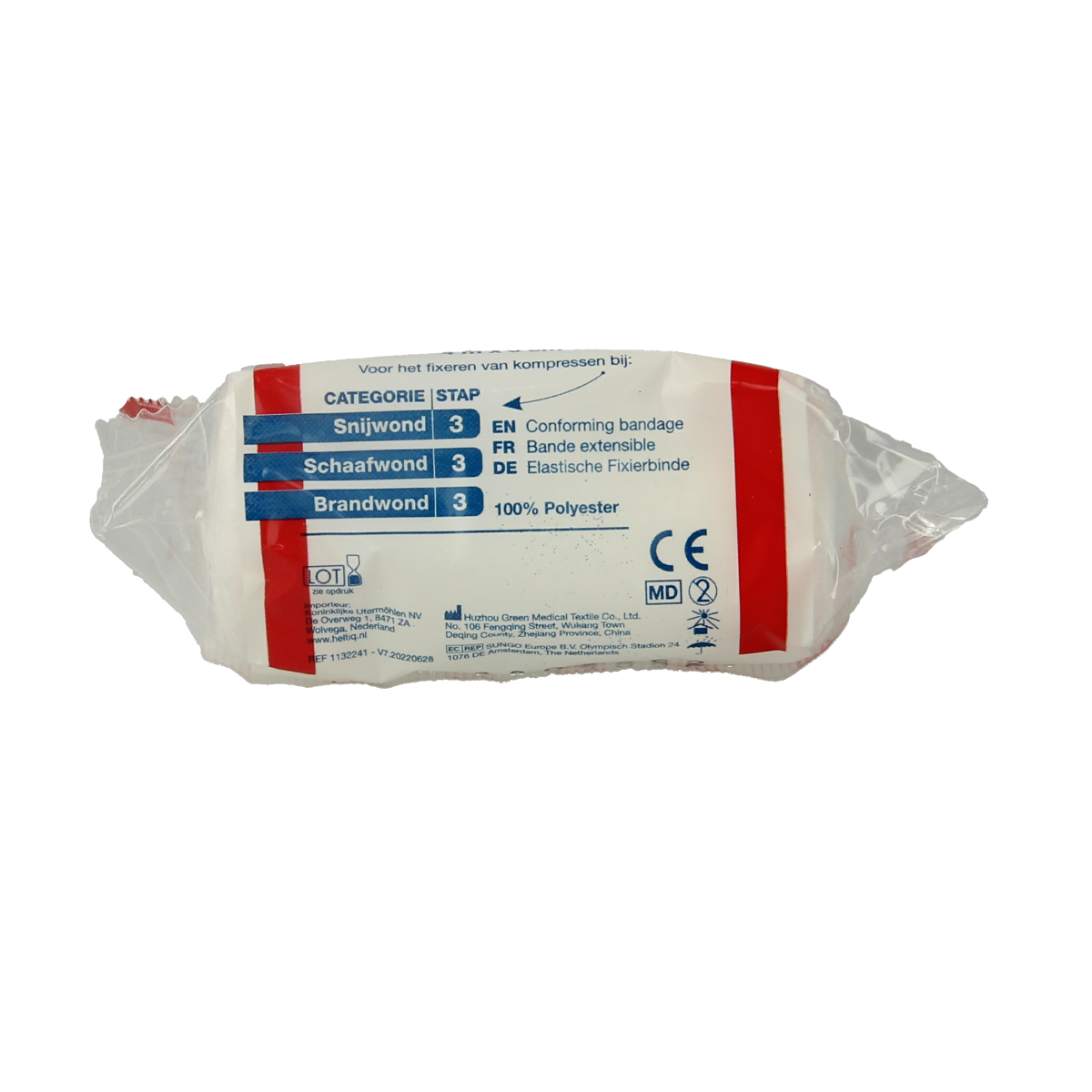 Heltiq elastic fixation bandage, 4m x 6cm, shown rolled out and secured, ideal for wound support and compression.