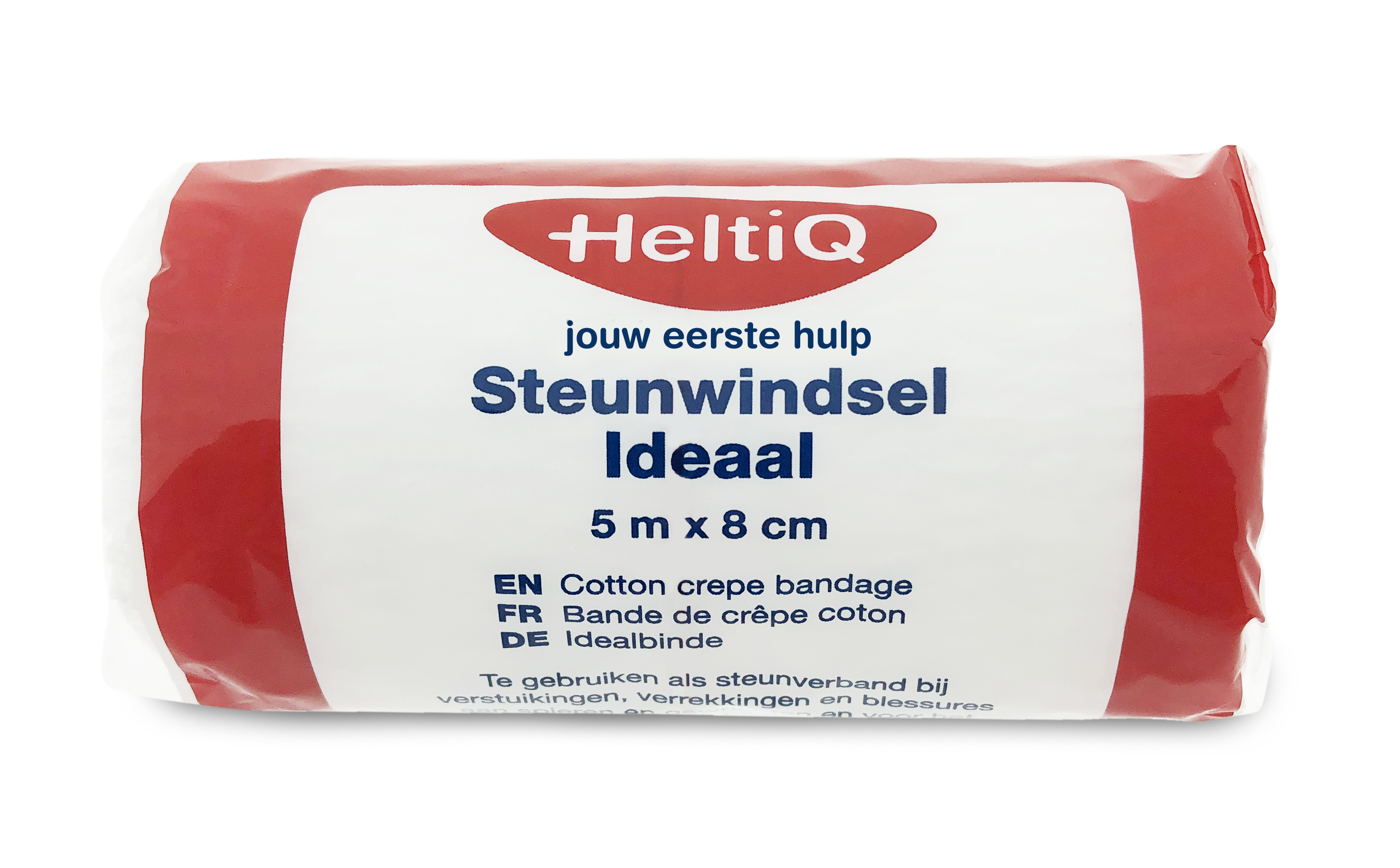 Heltiq windel met 5m x 8cm afmetingen, geschikt voor medische of verzorgingsgebruik, in witte kleur.