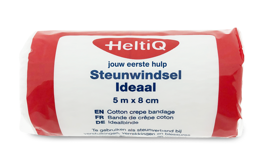 Heltiq windel met 5m x 8cm afmetingen, geschikt voor medische of verzorgingsgebruik, in witte kleur.