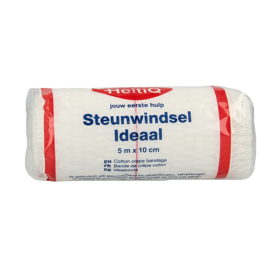 Heltiq windel met 5m x 10cm maat, ideaal voor medische ondersteuning, zichtbaar in de afbeelding.