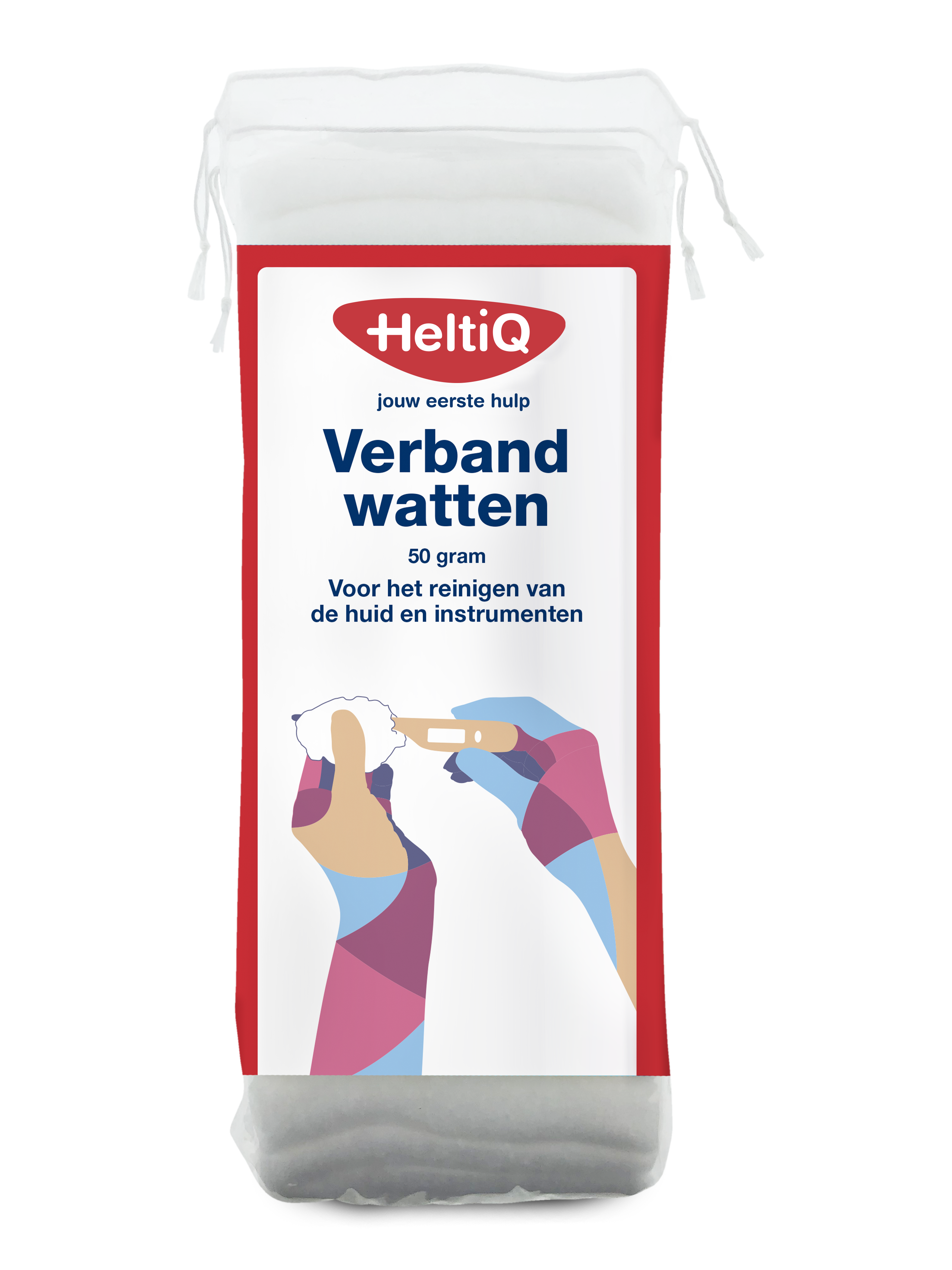Heltiq Verbandwatten 50 Gram, sterile cotton wool pad for wound care, with packaging showing the Heltiq brand and product details.