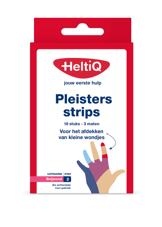 Heltiq water-resistant and elastic adhesive strips, 18-pack, for wound care and skin protection.