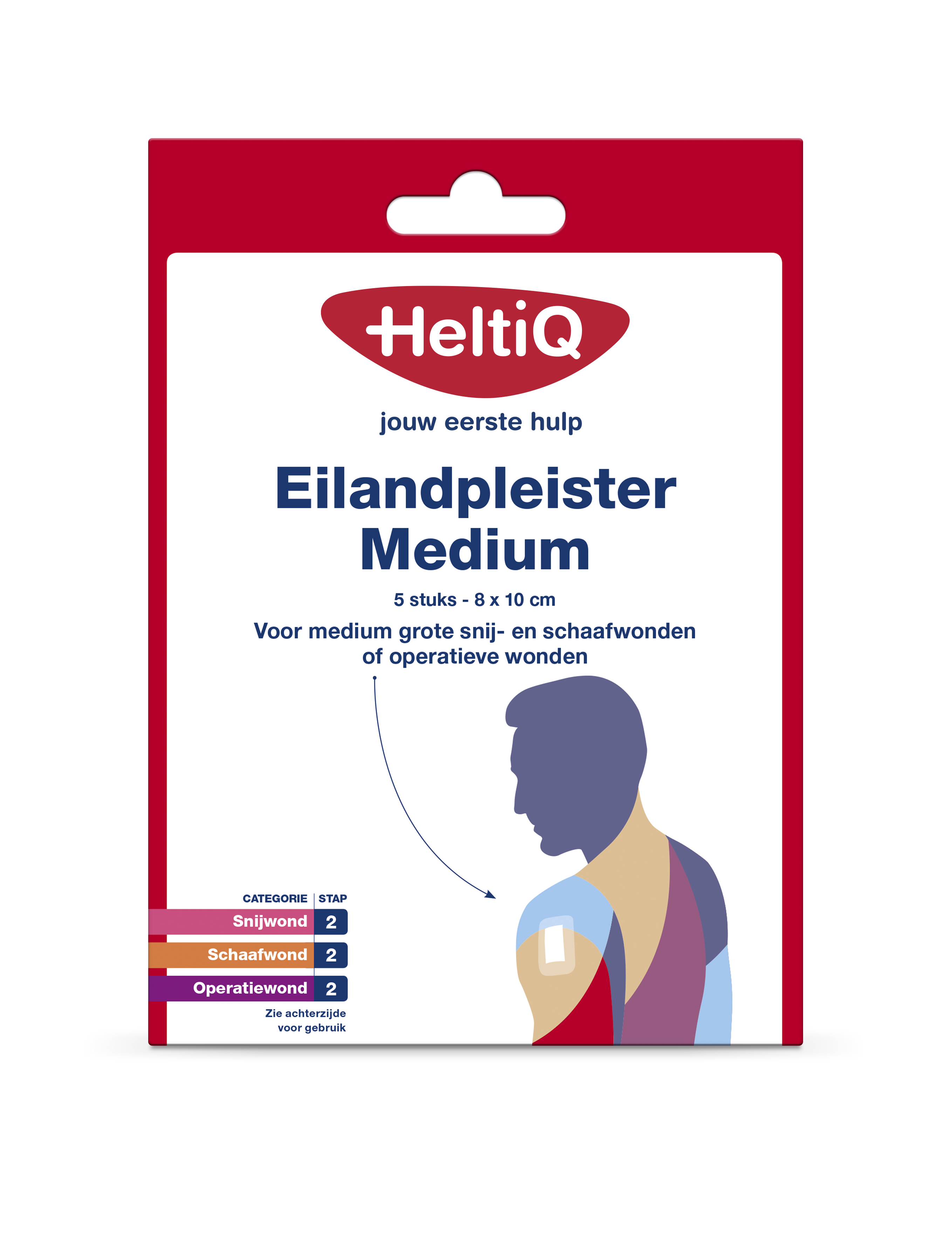 Heltiq Eilandpleisters 8x10cm, set of 5 waterproof bandages and tape for wound care, shown in the image.