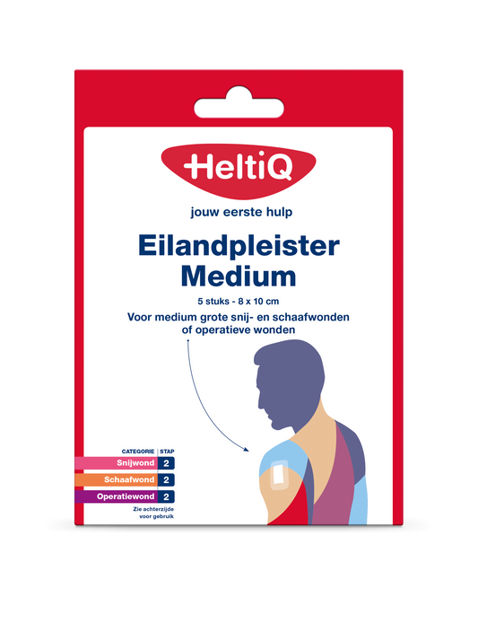 Heltiq Eilandpleisters 8x10cm, set of 5 waterproof bandages and tape for wound care, shown in the image.