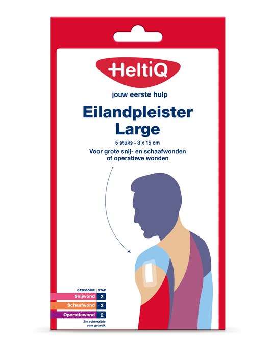 Heltiq Eilandpleisters 8x15cm, set of 5 adhesive bandages and tape for wound care, shown in the image.